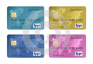 Realistic detailed credit cards set with colorful abstract design background with world map . Design template of banking