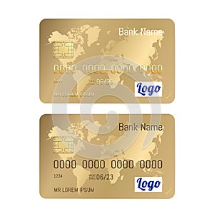 Realistic detailed credit gold cards set isolated on white background. Vector Gold bank card with world map illustration