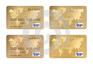 Realistic detailed credit gold cards set isolated on white background. Vector Gold bank card with world map illustration