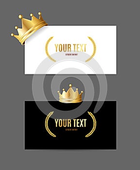 Realistic Detailed 3d Banner Paper Corner Vcard and Golden Crown Set. Vector photo