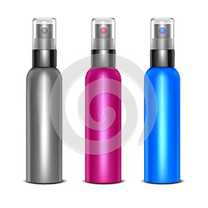 Realistic Detailed 3d Blank Spray Color Bottles Set. Vector