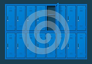 Realistic Detailed 3d Blue School Gym Locker or Fitness Boxes with Open Door Set. Vector