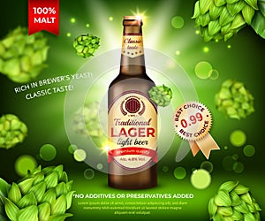 Realistic Detailed 3d Brown Glass Beer Bottle Ads Banner Concept Poster Card. Vector