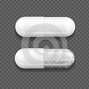 Realistic Detailed 3d Capsule Medical with Granules Set. Vector photo
