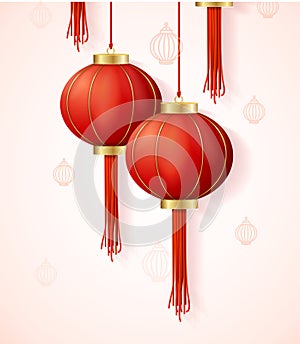 Realistic Detailed 3d Chinese Red Paper Lantern Set. Vector