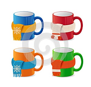 Realistic Detailed 3d Coffee Cup in Scarf Set. Vector