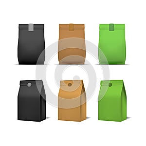 Realistic Detailed 3d Color Blank Paper Bag Food Template Mockup Set. Vector