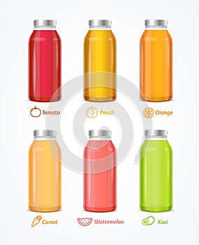 Realistic Detailed 3d Different Juice Bottle Set. Vector