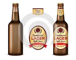 Realistic Detailed 3d Empty Template Mockup Brown Glass Beer Bottle and with Labels Set. Vector