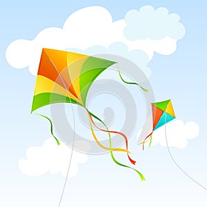 Realistic Detailed 3d Fly Kite and Clouds on a Blue Sky. Vector