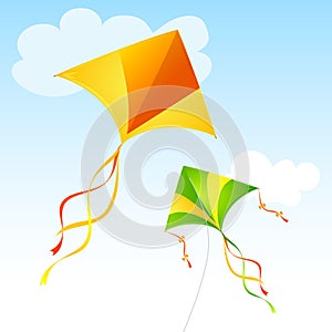 Realistic Detailed 3d Flying Kites and Clouds on a Blue Sky. Vector