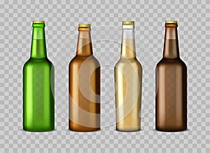 Realistic Detailed 3d Glass Beer Bottles Set. Vector