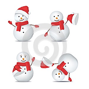 Realistic Detailed 3d Happy Snowman in Hat Set. Vector