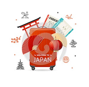 Realistic Detailed 3d Japan Travel Concept. Vector