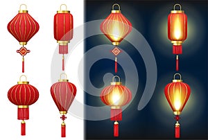 Realistic Detailed 3d Red Chinese Lanterns Set. Vector