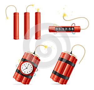 Realistic Detailed 3d Red Detonate Dynamite Bomb Set. Vector photo
