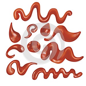 Realistic Detailed 3d Red Ketchup Flowing Set. Vector