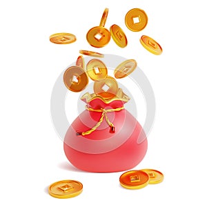 Realistic Detailed 3d Red Lucky Bag Full of Gold Coins. Vector