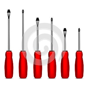 Realistic Detailed 3d Red Screwdrivers Set. Vector