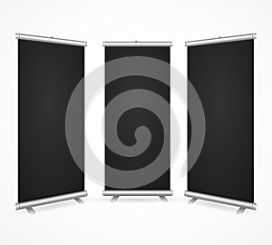 Realistic Detailed 3d Template Blank Black Scroll Banner Stand Mock Up Set. Vector photo