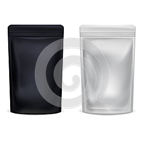Realistic Detailed 3d White and Black Blank Plastic Packaging Zipper Template Mockup Set. Vector