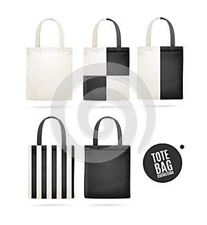 Realistic Detailed 3d White and Black Tote Bag Fabric Cloth Set. Vector