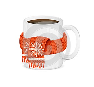 Realistic Detailed 3d White Coffee Cup in Red Scarf. Vector