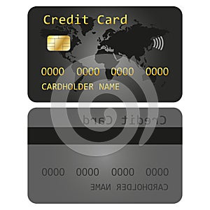 Realistic detailed debit card, credit card design template. ATM card layout with gold metallic gradient and black stripe.