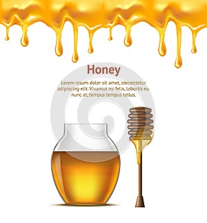 Realistic Detailed Dipper and Glass Jar Honey Card Poster. Vector