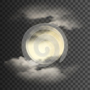 Realistic detailed full moon with clouds on transparent background.