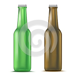 Realistic Detailed Green and Brown Glass Beer Bottle. Vector