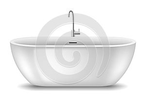 Realistic detailed modern white bath with faucet element of bathroom. Stylish acrylic bathtub