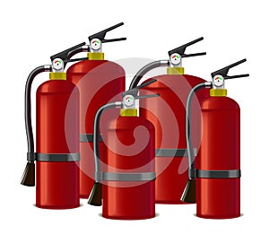 Realistic Detailed Red Extinguisher or Quencher Set. Vector