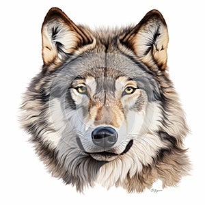 Realistic Wolf Portrait On White Background - Detailed Shading