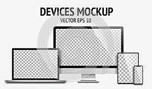 Realistic devices mockup set of Monitor, laptop, tablet, smartphone dark grey color - Stock Vector