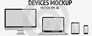 Realistic devices mockup set of Monitor, laptop, tablet, smartphone dark grey color - Stock Vector