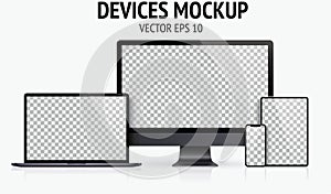 Realistic devices mockup set of Monitor, laptop, tablet, smartphone dark grey color - Stock Vector