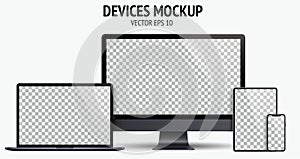 Realistic devices mockup set of Monitor, laptop, tablet, smartphone dark grey color - Stock Vector