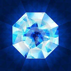 Realistic diamond in top view on shiny background.