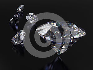 Realistic diamonds on dark background with caustic and light reflection.