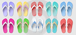 Realistic different color slippers. Summer classic rubber sandals. Open beach footwear top view. Bathroom and pool flip