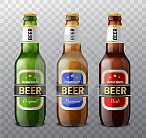 Realistic different colors beer bottles. 3d glass drinks containers for light and dark beer, alcohol green and brown