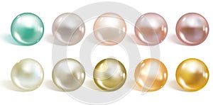 Realistic different colors pearls set. Round colored nacre formed within the shell of a pearl oyster, precious gem. Vector photo