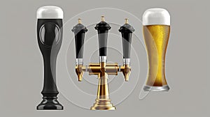 Realistic different shaped beer taps for bars or pubs with black handles. On clear background, stainless elements are