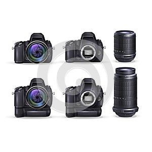 Realistic digital camera and photo lens. Vector illustration.