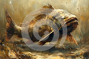 Realistic Digital Painting of a Large Bass Fish Swimming in Water with Dynamic Brushstrokes and Earthy Tones