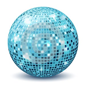 Realistic disco ball. Reflection sphere mirrored dance party silver blue glitter. Retro halo rays, shining bright