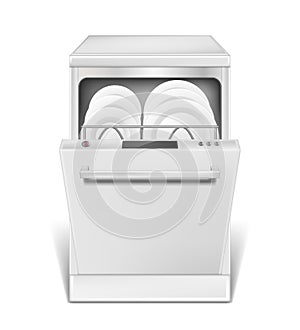 Realistic dishwasher machine with open door. White dishwasher with clean plates and glasses, front view isolated