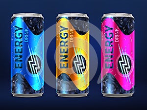 Realistic disposable energy drink cans in different colors of design vector template isolated on white background