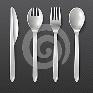 Realistic disposable white plastic spoon, fork and knife vector isolated cutlery